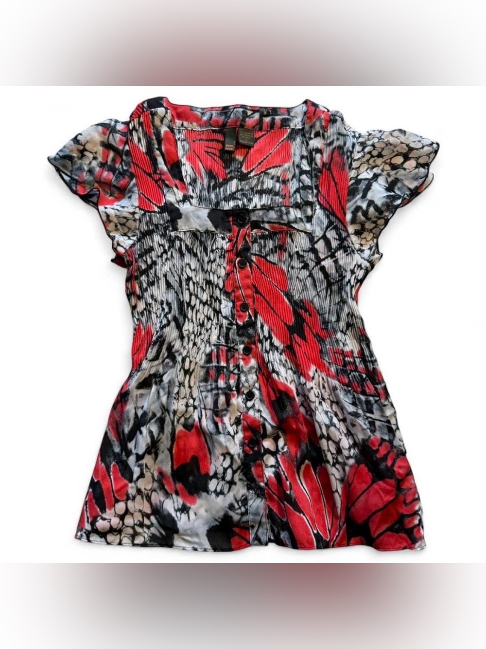SereNade Pink Black Abstract uPeplum Top Butterfly Print Square Neck Y2K Size L